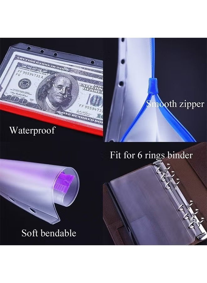 مجموعة من 12 جيبًا للمجلدات بحجم A6، مجلدات بسحاب متعددة الألوان لدفاتر الملاحظات ذات 6 حلقات، حقائب لحفظ الأوراق السائبة، حقائب بلاستيكية مقاومة للماء لحفظ المستندات - Image 5